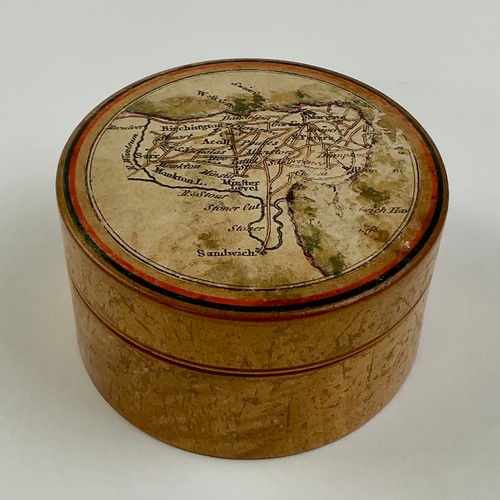 3028 - A George III cartographic 'Tunbridge ware' circular patch or vanity box, the push fitting cover with... 