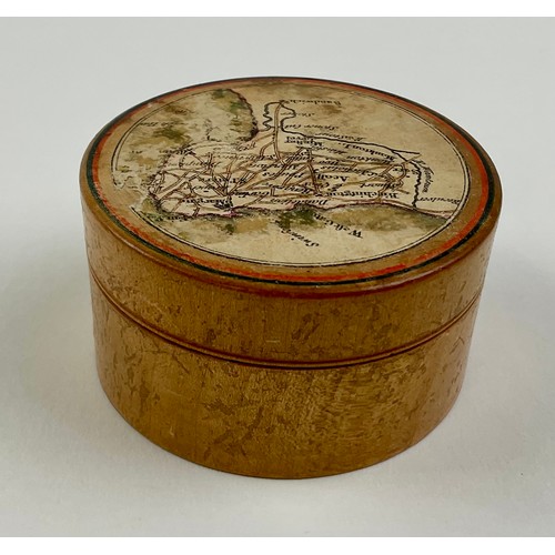 3028 - A George III cartographic 'Tunbridge ware' circular patch or vanity box, the push fitting cover with... 