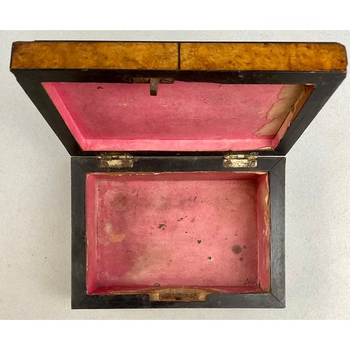 3027 - A George III burr yew and fiddle-back mahogany rectangular box, hinged cover, ebony kite shaped escu... 