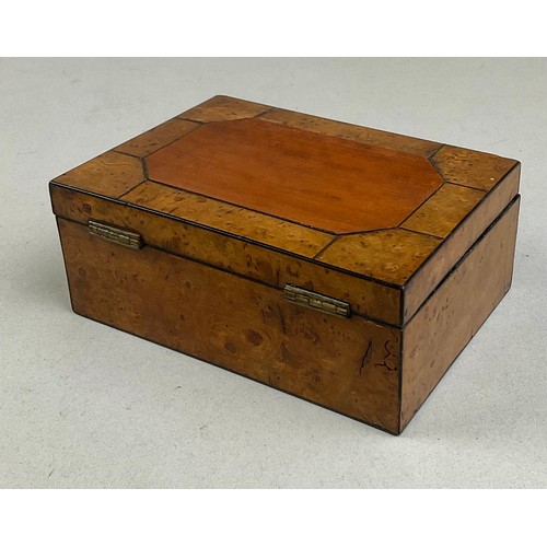 3027 - A George III burr yew and fiddle-back mahogany rectangular box, hinged cover, ebony kite shaped escu... 