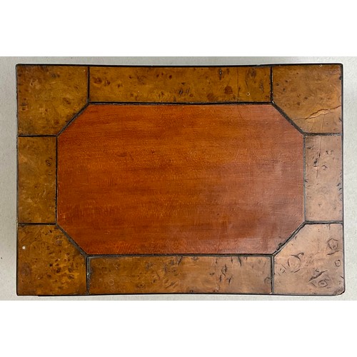 3027 - A George III burr yew and fiddle-back mahogany rectangular box, hinged cover, ebony kite shaped escu... 