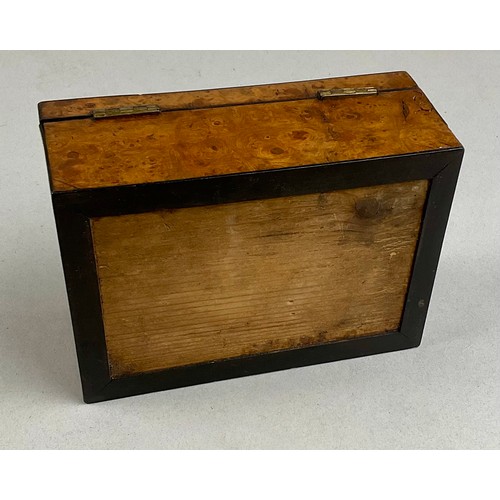 3027 - A George III burr yew and fiddle-back mahogany rectangular box, hinged cover, ebony kite shaped escu... 
