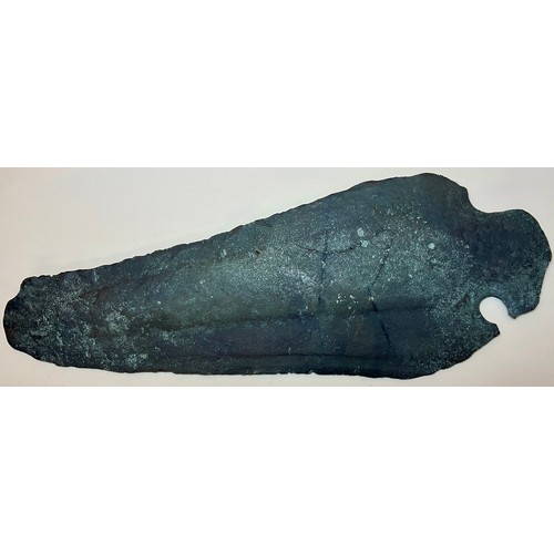 5022 - A Greek Archaic Period (1200-700 BC) bronze leaf shaped spear head fragment of tapering form, bevell... 