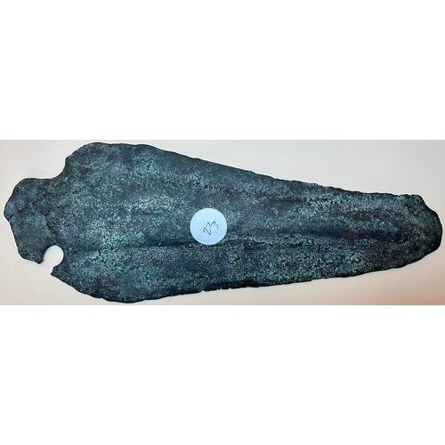 5022 - A Greek Archaic Period (1200-700 BC) bronze leaf shaped spear head fragment of tapering form, bevell... 