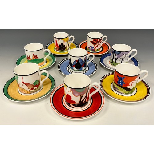 3 - A collection of eight Wedgwood Clarice Cliff Cafe Chic coffee cans and saucers, in May Avenue 4132A,... 