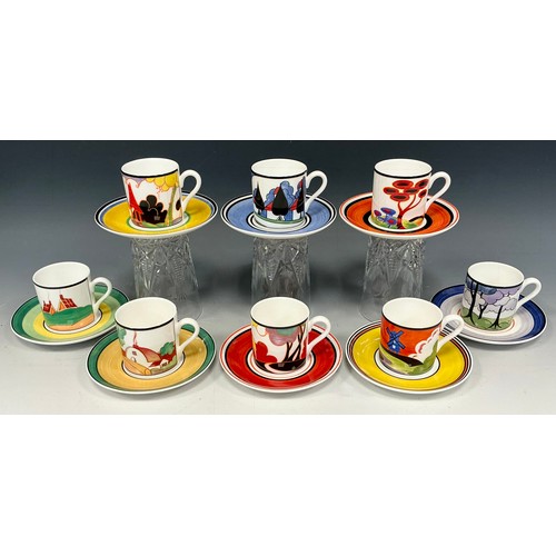 3 - A collection of eight Wedgwood Clarice Cliff Cafe Chic coffee cans and saucers, in May Avenue 4132A,... 