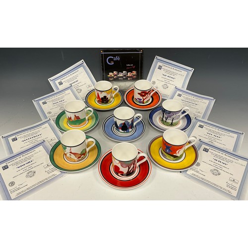 3 - A collection of eight Wedgwood Clarice Cliff Cafe Chic coffee cans and saucers, in May Avenue 4132A,... 