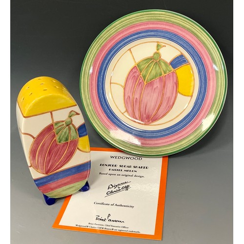 6 - A Clarice Cliff Wedgwood collection Pastel Melons pattern sugar castor and side plate, decorated in ... 
