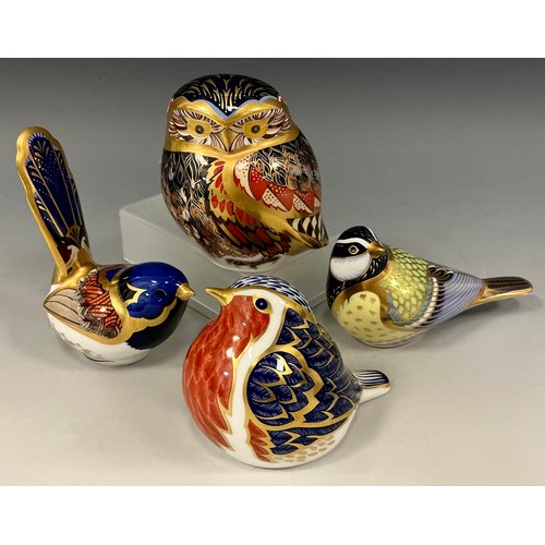 10 - Royal Crown Derby paperweights, little owl, great tit, Robin, etc, all gold stoppers, (4)