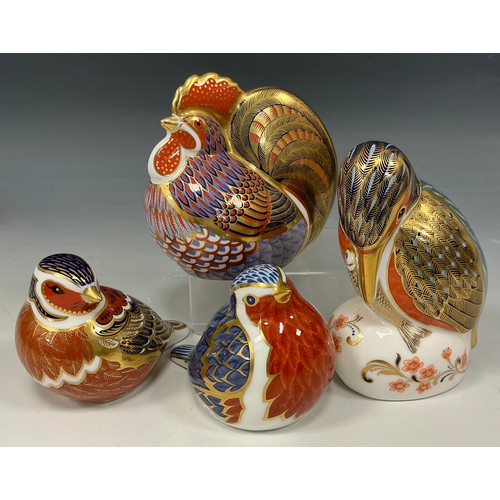 11 - Royal Crown Derby Paperweights - Kingfisher, Chaffinch, Robin, Cockerel, all gold stoppers, (4)