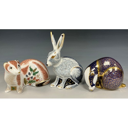 12 - Royal Crown Derby Paperweights - Collector’s Guild Starlight Hare;  Stoat, and Badger, all gold stop... 