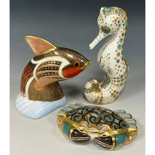 18 - Royal Crown Derby Paperweights - Spot Seahorse, Cromer Crab, Tropical fish, (gold stoppers), (3)