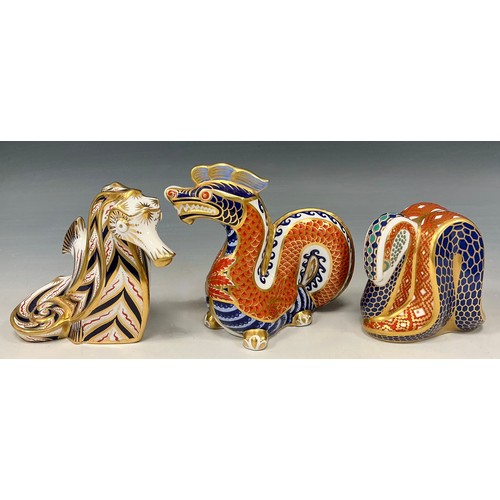 22 - Royal Crown Derby Paperweights - Chinese Dragon;  Snake;  Seahorse, gold stoppers, (3)