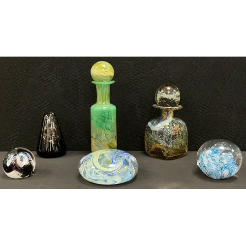 35 - Various studio glass examples including a Caithness Moon crystal paperweight, another ‘Nova’ conical... 
