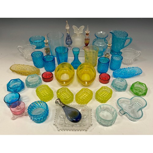 46 - A frosted glass globular scent bottle, butterfly stopper, assorted beakers vases, jugs, scent bottle... 