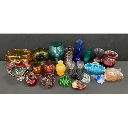 56 - Coloured glassware, to include a red teardrop shape dish with gilt and painted floral details, a blu... 
