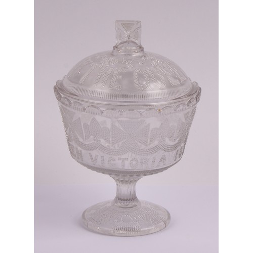 15 - A Victorian pressed glass commemorative pedestal bowl and associated cover, for the Queen's Jubilee ... 