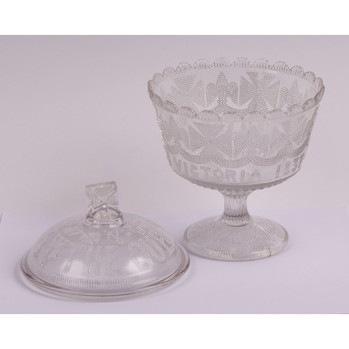 15 - A Victorian pressed glass commemorative pedestal bowl and associated cover, for the Queen's Jubilee ... 