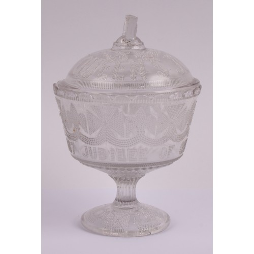 15 - A Victorian pressed glass commemorative pedestal bowl and associated cover, for the Queen's Jubilee ... 