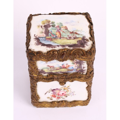 21 - A George III South Staffordshire enamel etui, hinged cover, enclosing a necessaire of sewing impleme... 