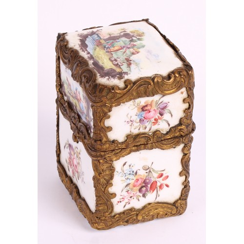 21 - A George III South Staffordshire enamel etui, hinged cover, enclosing a necessaire of sewing impleme... 