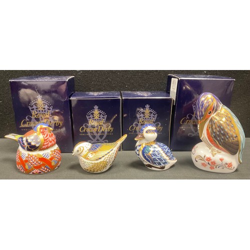 7 - Four Royal Crown Derby paperweights including Kingfisher, Firecrest, Chaffinch Nesting and Duck, all... 