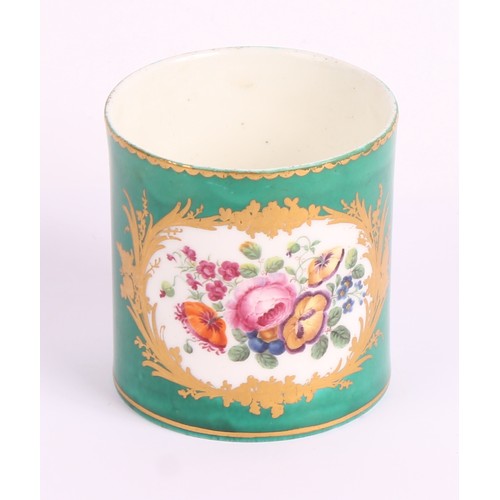 31 - A Sèvres cylindrical beaker, painted with floral bouquets, within leafy gilt cartouches on a green g... 