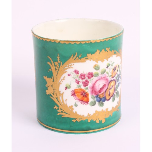 31 - A Sèvres cylindrical beaker, painted with floral bouquets, within leafy gilt cartouches on a green g... 
