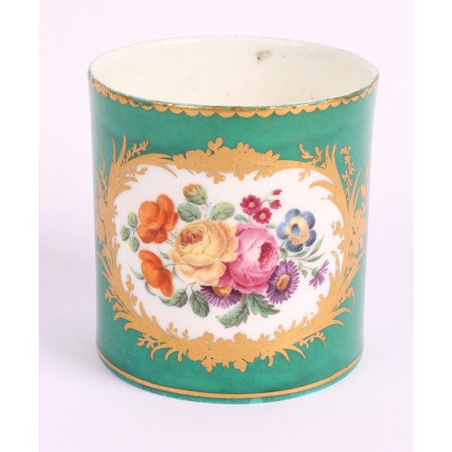 31 - A Sèvres cylindrical beaker, painted with floral bouquets, within leafy gilt cartouches on a green g... 