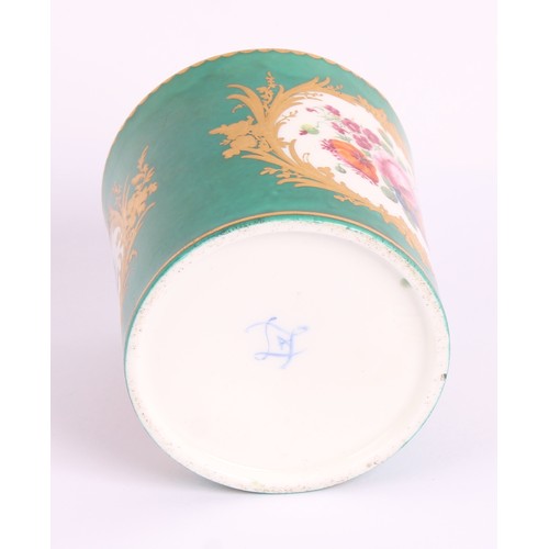 31 - A Sèvres cylindrical beaker, painted with floral bouquets, within leafy gilt cartouches on a green g... 