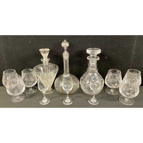 54 - A set of six cut glass brandy balloons, each 13cm high overall, 20th century; others, sherry; decant... 
