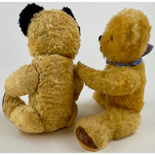 3054 - A 1950’s Sooty type silk Teddy bear, black ears and paws, a,beer glass eyes with stitched nose and m... 