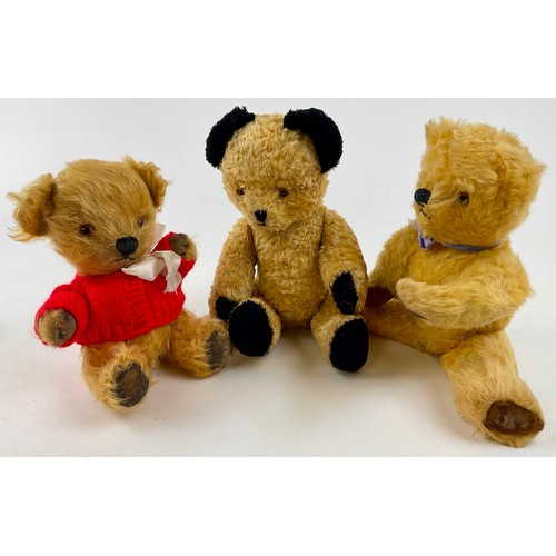 3054 - A 1950’s Sooty type silk Teddy bear, black ears and paws, a,beer glass eyes with stitched nose and m... 