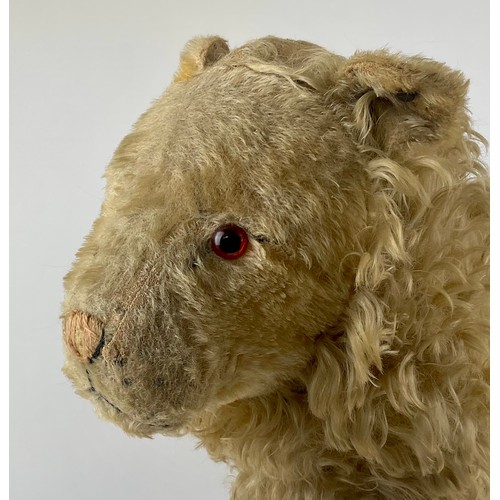 3056 - A 1920s Steiff lion on wheels, with blonde mohair, yellow and black glass eye, pink stitched nose, b... 