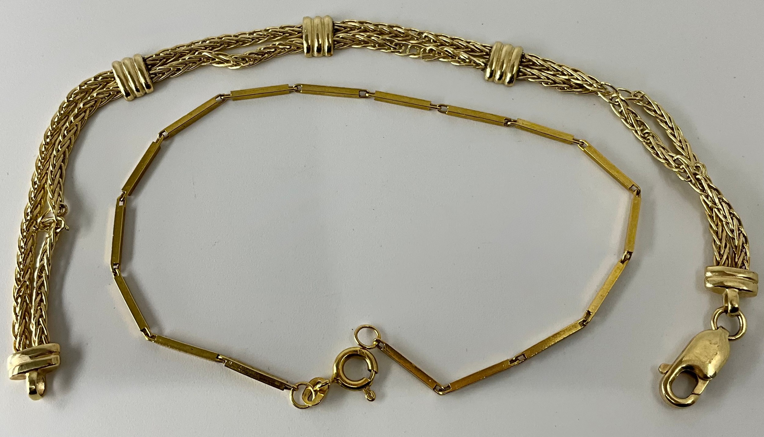 A 9ct gold fancy link bracelet, 18.5cm long, another bar link 7.9g (2)
