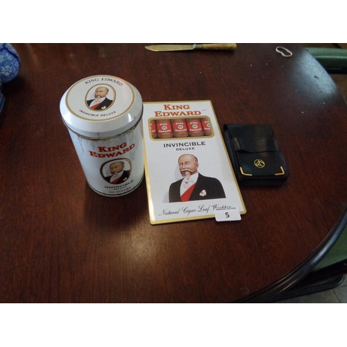 5 - Original King Edward 70s/80s Cigar Advertising Tin, Tin Sign & Leather Wallet