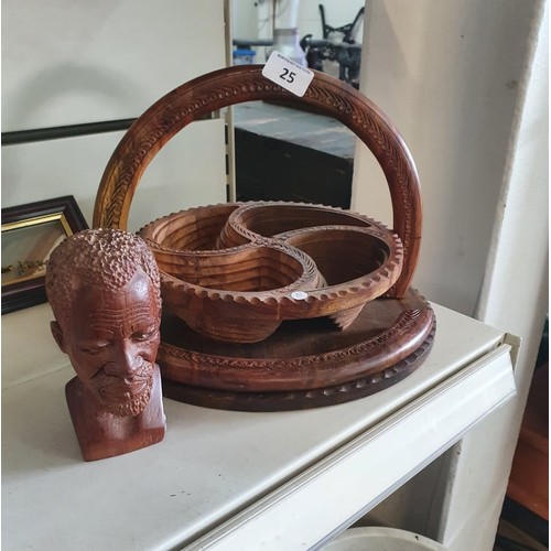 25 - Wooden Collapsible Fruit Bowl/Bread Basket & Wood Carved Bust
