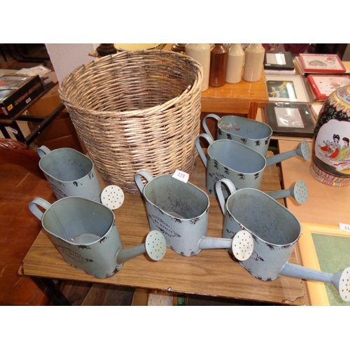 123 - Vintage Basket and Lot of Small Watering Cans