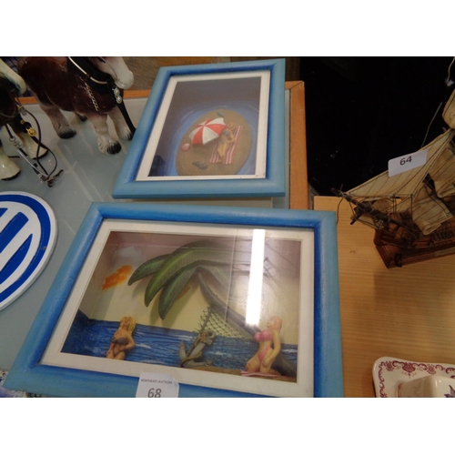 68 - 2 Novelty Beach Scene in Glass Frames