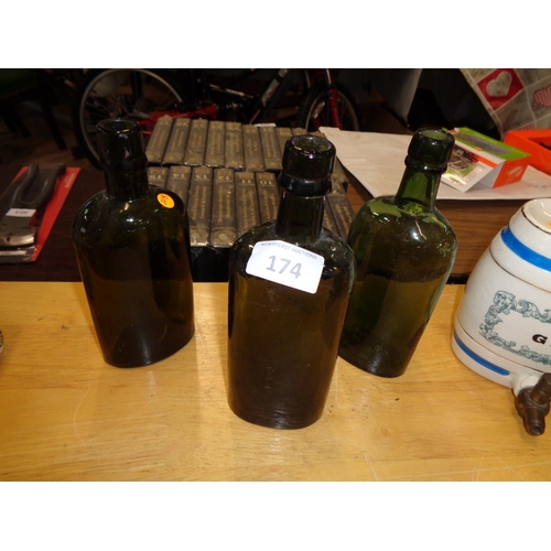 174 - 3 x 19th Century Whiskey Bottles in Green Glass