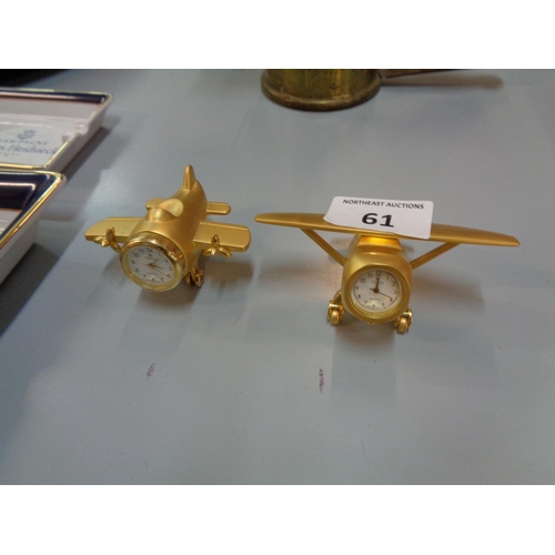 61 - 2 Ornamental Aeroplane Mini Clocks