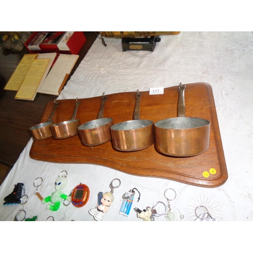 177 - 5 Pce Copper Pan Set with Cast Iron Handles on Wooden Plinth