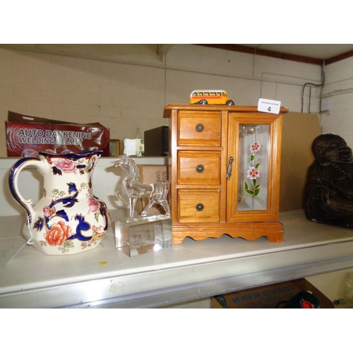 4 - Jewellery Box,Masons Jug (sd),Chinese Glass Horse & Model Bus