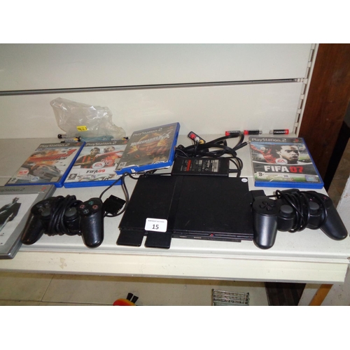 15 - Slim PS2 Console & Five Games,2 Controllers + Leads