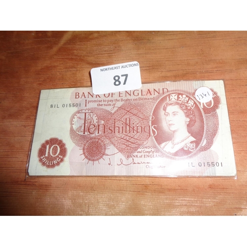 87 - Bank of England 10 Shilling Note (1960s)