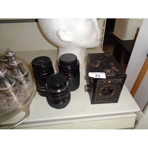 21 - Lot of Camera Lenses & Vintage Coronet Camera