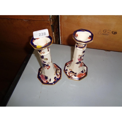 228 - 2 Masons Blue Mandalay Candlesticks