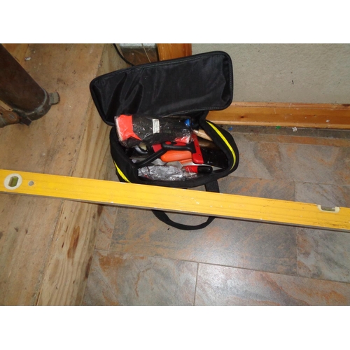 336 - Bag of Work Tools & 6ft Level