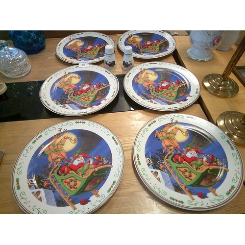 180 - 6 Xmas Plates & 2 Salt Cellars