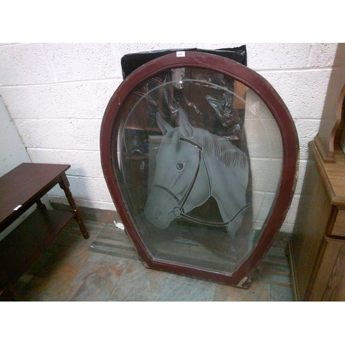 417 - Large Mahogany Horseshoe Window with Etched Horse (40